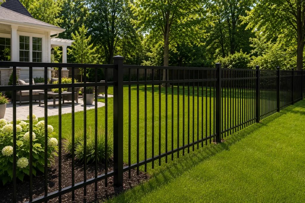Black aluminum fence around a residential backyard patio with pergola, hydrangeas, and lawn