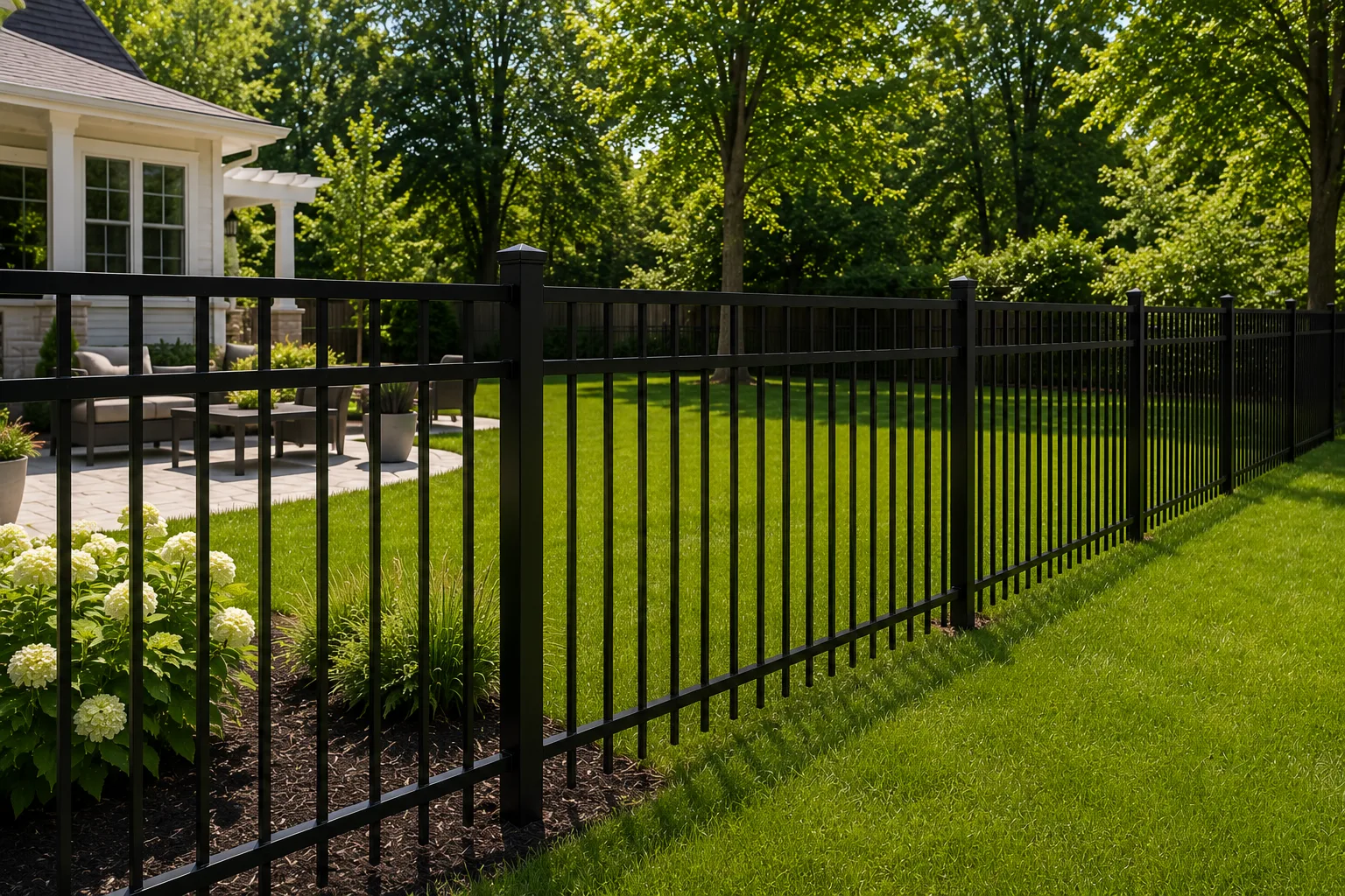 Black aluminum fence around a residential backyard patio with pergola, hydrangeas, and lawn
