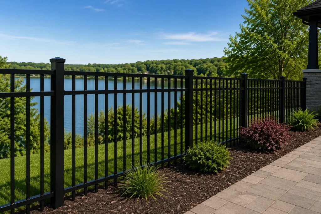 Black aluminum fence overlooking a lake with a stone-paver path and landscaping