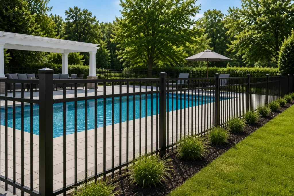 Black aluminum pool fence enclosure around an in-ground pool with pergola and patio
